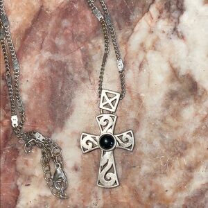 Silver Cross Pendant Necklace with Black Stone
